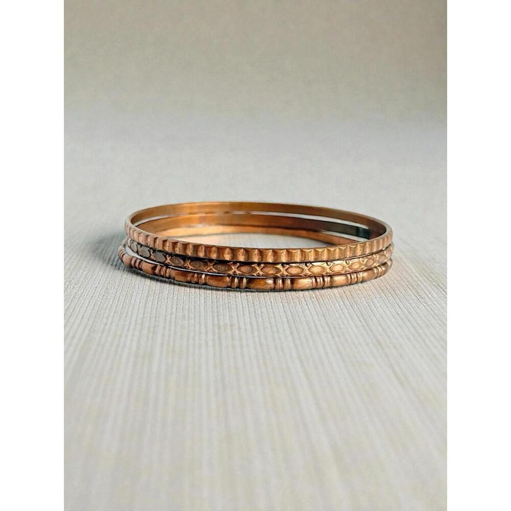 Set of 3 Copper Bangles Hammered Etched Textured Artisan Style Bracelets